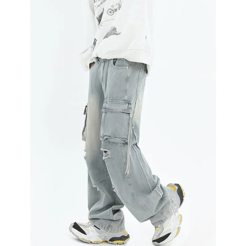 Y2K Vintage Streetwear High Waist Cargo Pants - Blue Jeans Wide Leg Fashion Trousers