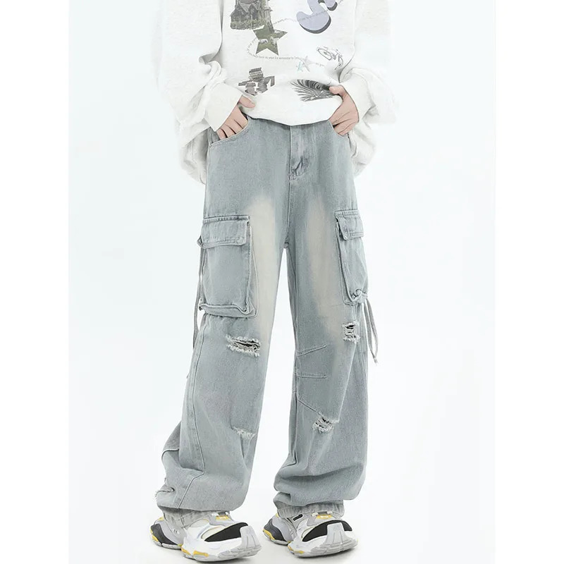 Y2K Vintage Streetwear High Waist Cargo Pants - Blue Jeans Wide Leg Fashion Trousers