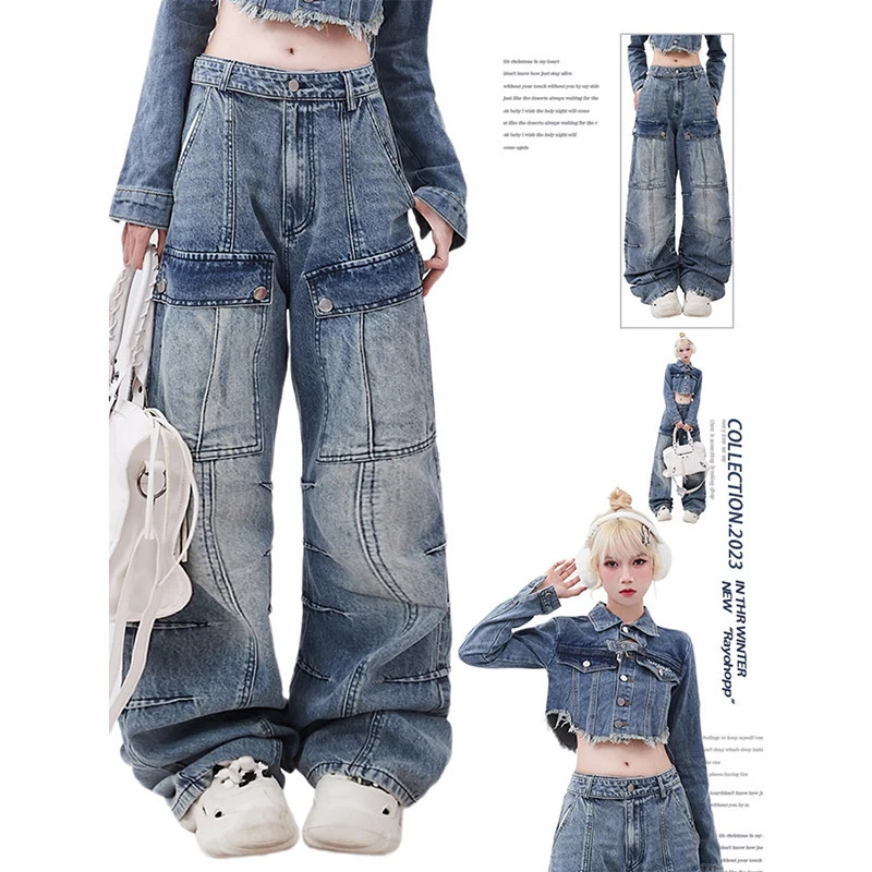 Y2K Vintage Streetwear High Waist Cargo Pants - Women's Blue Jeans Wide Leg Trousers