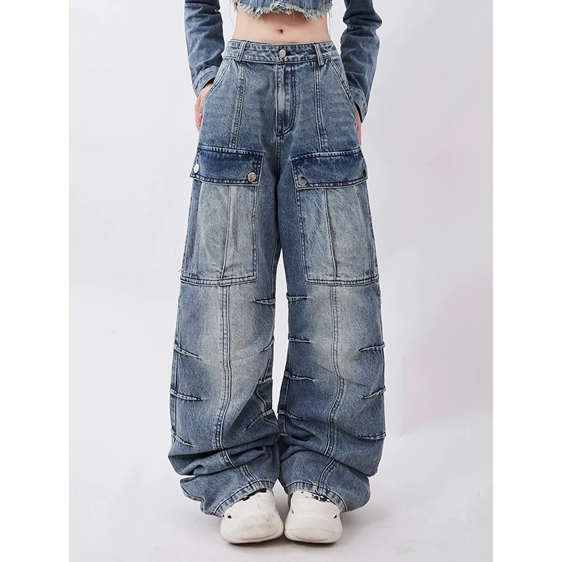 Y2K Vintage Streetwear High Waist Cargo Pants - Women's Blue Jeans Wide Leg Trousers