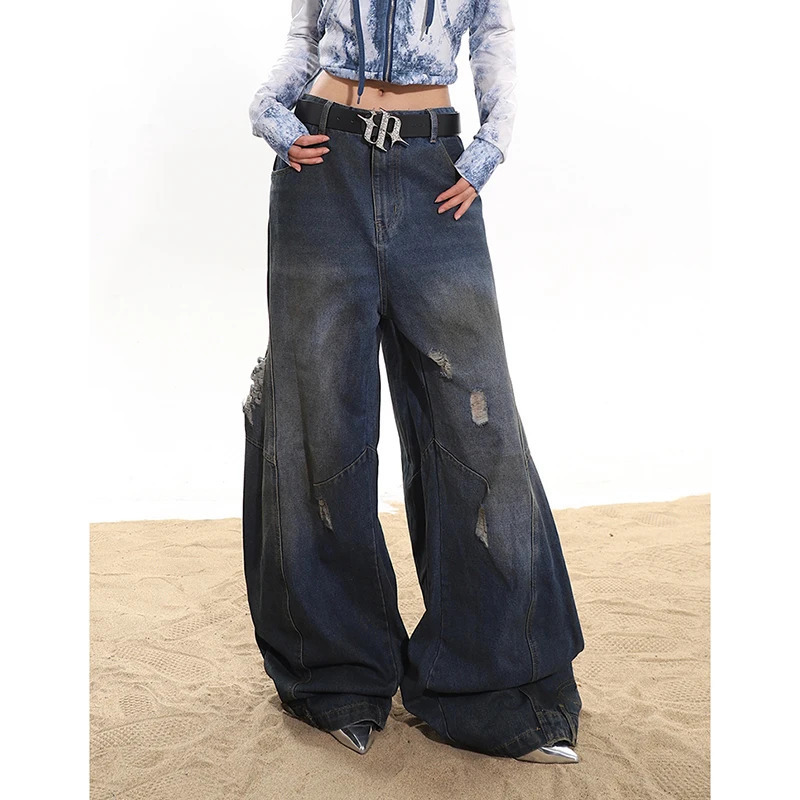 Y2K Vintage Streetwear High Waist Loose Jeans - Women's Wide Leg Baggy Ripped Denim Trouser