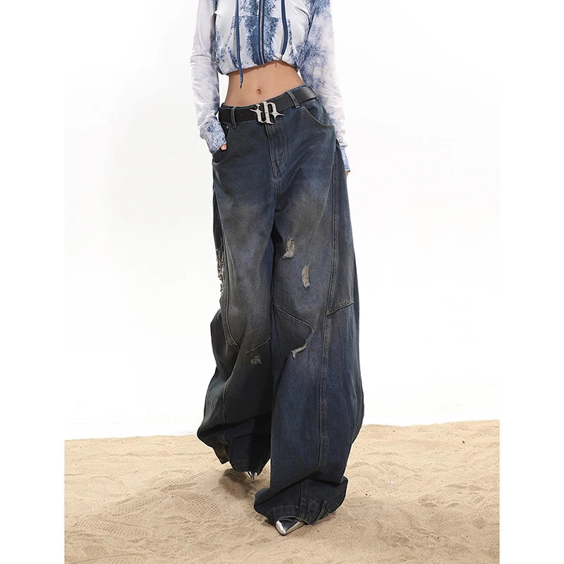 Y2K Vintage Streetwear High Waist Loose Jeans - Women's Wide Leg Baggy Ripped Denim Trouser