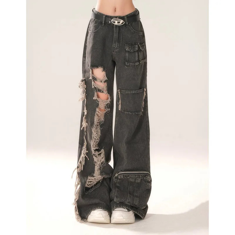 Y2K Vintage Streetwear High Waist Ripped Black Jeans - Hip-hop Style Wide Leg Denim Pants