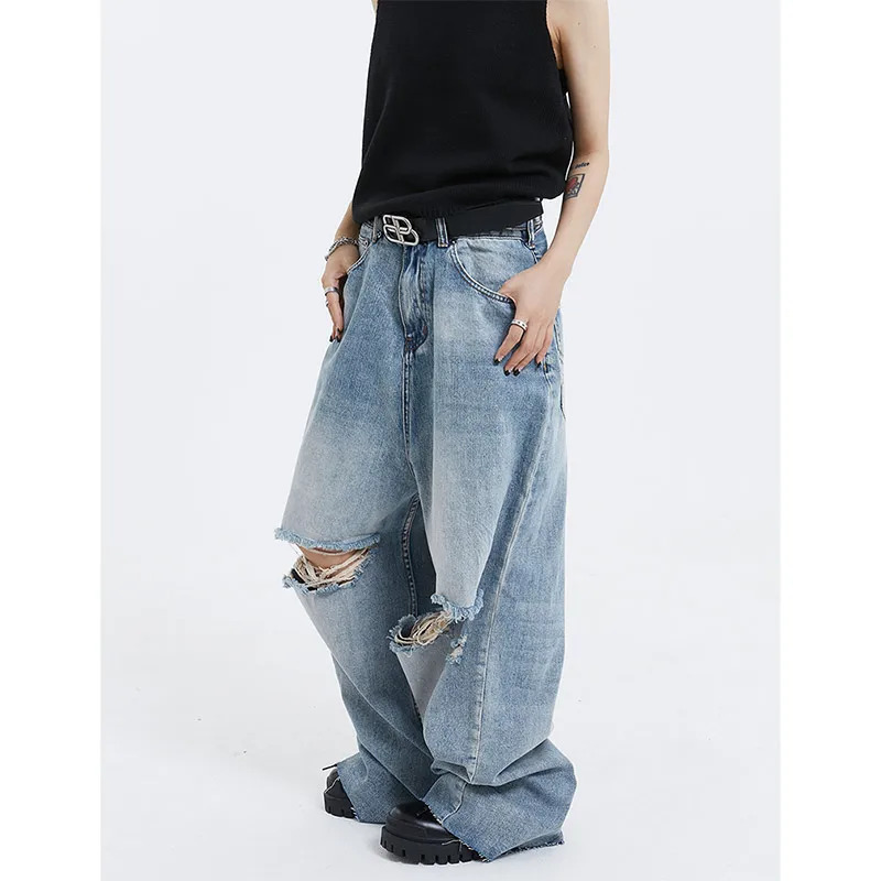 Y2K Vintage Streetwear High Waist Ripped Blue Jeans - Hip-hop Style Wide Leg Denim Pants