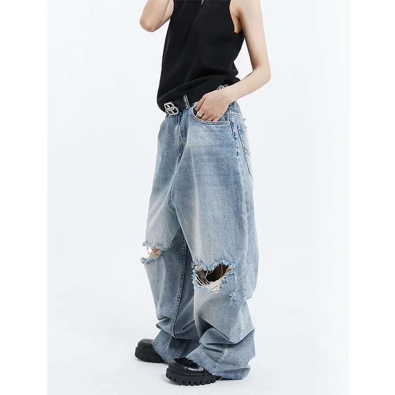 Y2K Vintage Streetwear High Waist Ripped Blue Jeans - Hip-hop Style Wide Leg Denim Pants