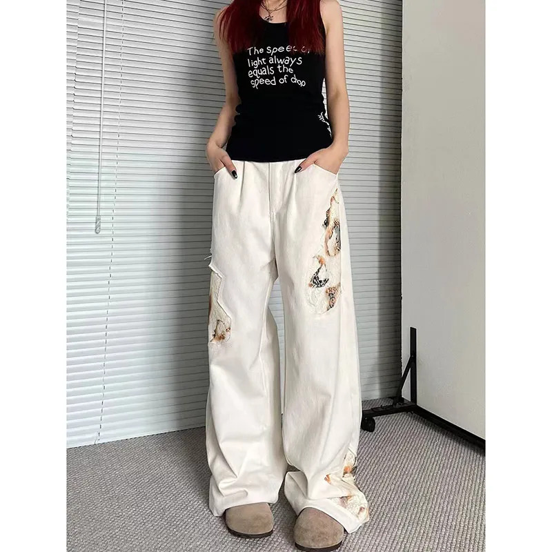 Y2K Vintage Streetwear High Waist White Jeans - Hip-hop Spliced Wide Leg Denim Pants