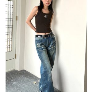 Y2K Vintage Streetwear High Waist Wide Leg Jeans - Blue Women's Denim Pants