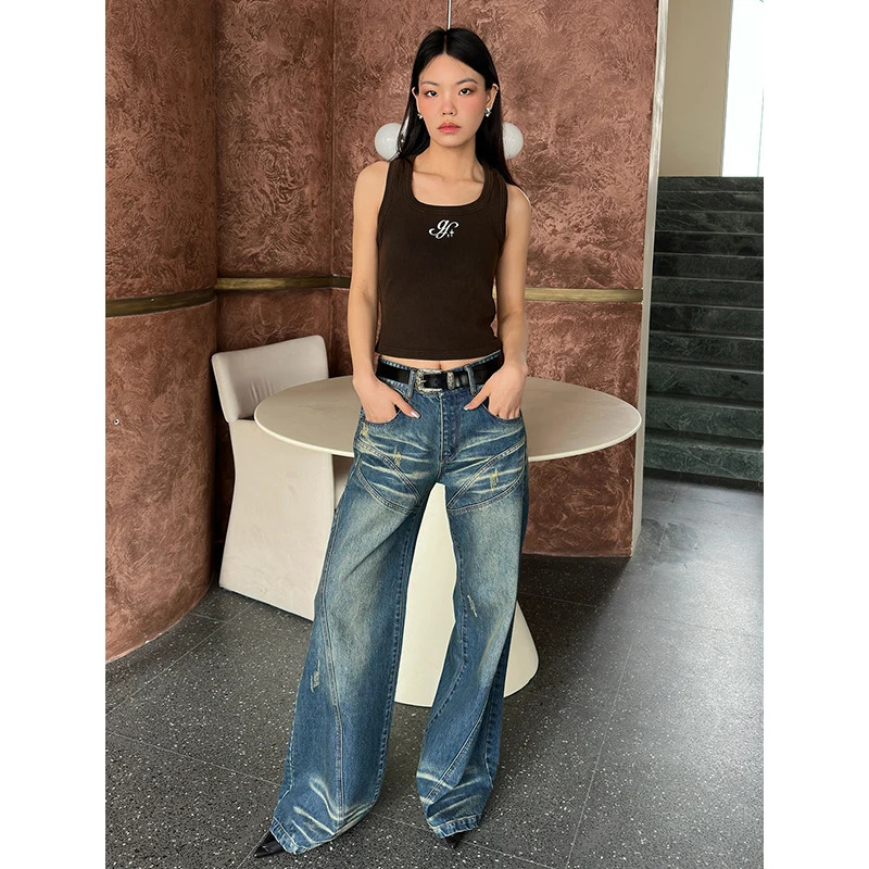 Y2K Vintage Streetwear High Waist Wide Leg Jeans - Blue Women's Denim Pants