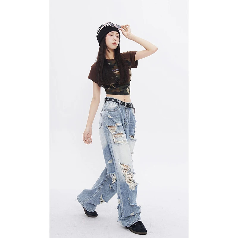 Y2K Vintage Streetwear High Waist Wide Leg Jeans - Blue Worn-out American Fashion Denim Pants