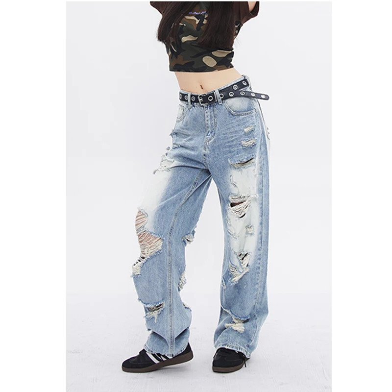 Y2K Vintage Streetwear High Waist Wide Leg Jeans - Blue Worn-out American Fashion Denim Pants