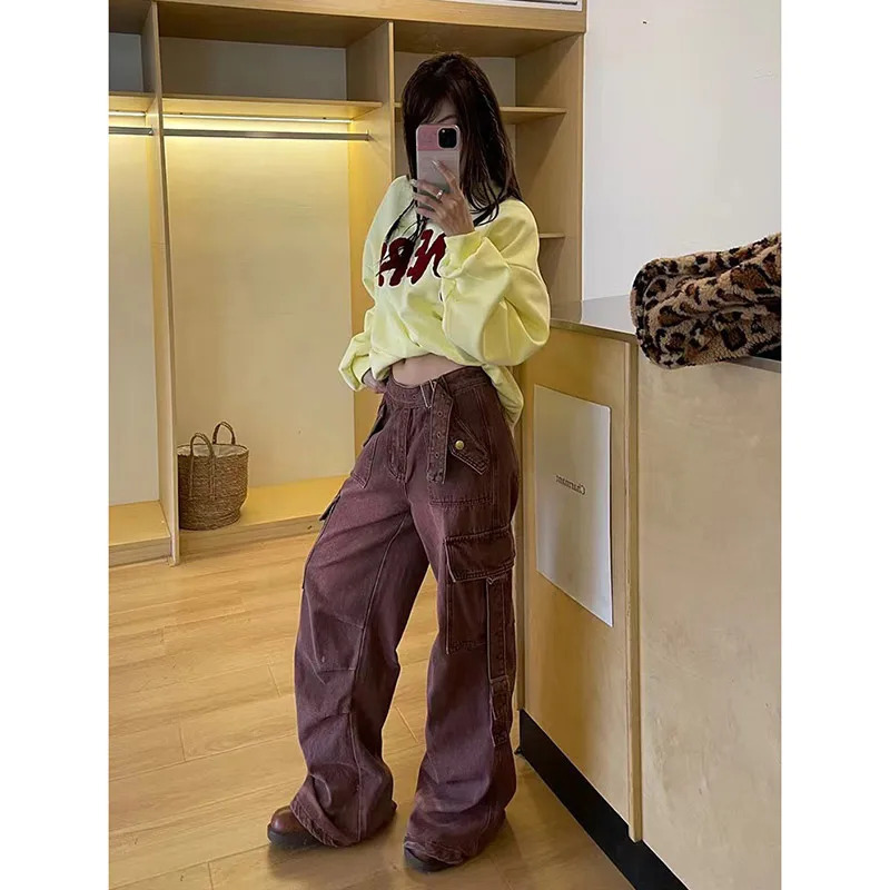 Y2K Vintage Streetwear Red High Waist Wide Leg Jeans - Women's Hip-hop Style Cargo Pants