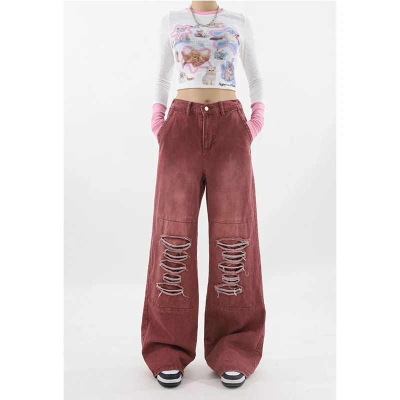 Y2K Vintage Streetwear Red Jeans - High Waist Wide Leg Pants for Women