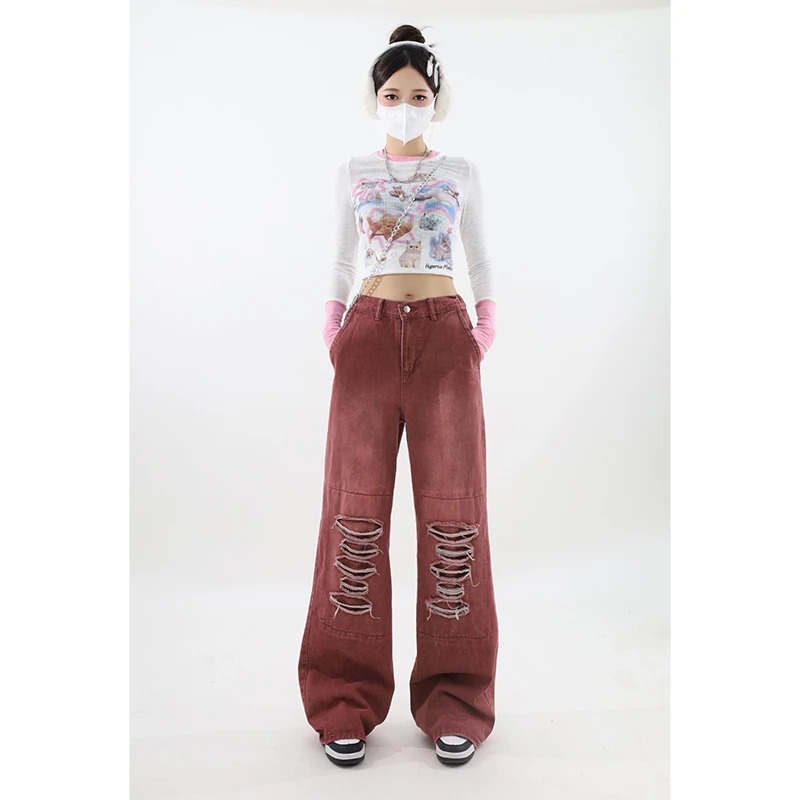 Y2K Vintage Streetwear Red Jeans - High Waist Wide Leg Pants for Women