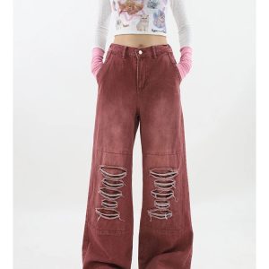 Y2K Vintage Streetwear Red Jeans - High Waist Wide Leg Pants for Women