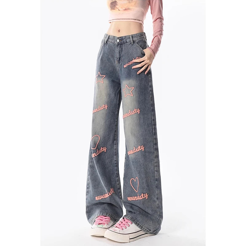 Y2K Vintage Style High Waist Embroidered Jeans - American Blue Women's Baggy Wide Leg Denim Trousers