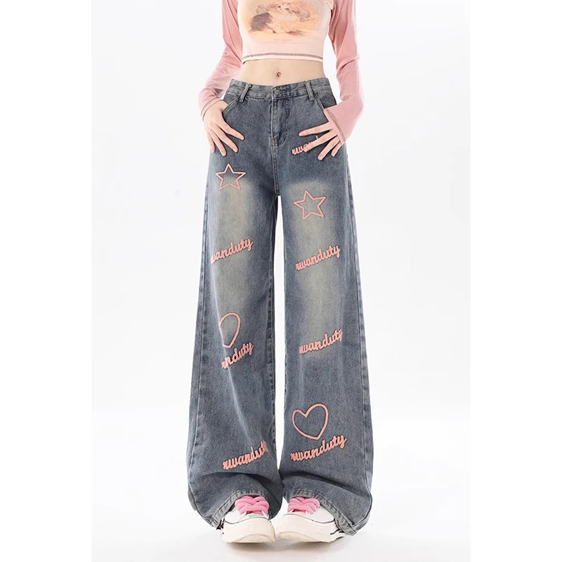 Y2K Vintage Style High Waist Embroidered Jeans - American Blue Women's Baggy Wide Leg Denim Trousers