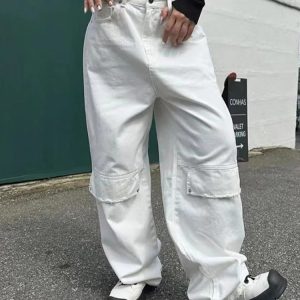 Y2K Vintage Style White Cargo Pants - American Streetwear Wide Leg Jeans for Women