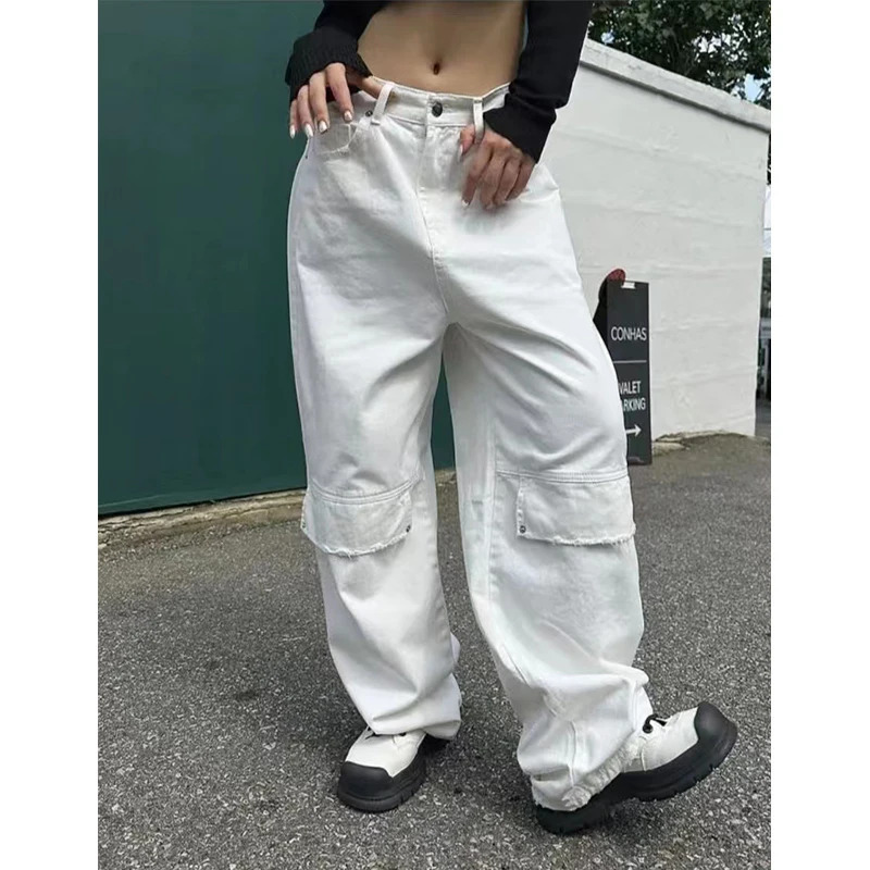 Y2K Vintage Style White Cargo Pants - American Streetwear Wide Leg Jeans for Women