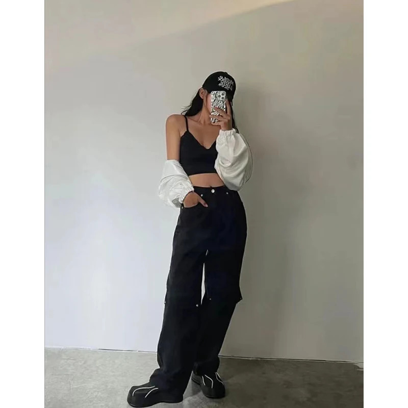 Y2K Vintage Style White Cargo Pants - American Streetwear Wide Leg Jeans for Women