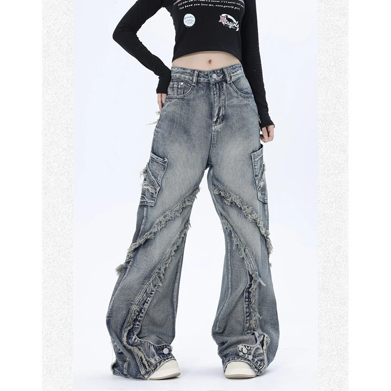 Y2K Vintage Tie Dye High Waist Wide Leg Jeans - Street Fashion Denim Trouser