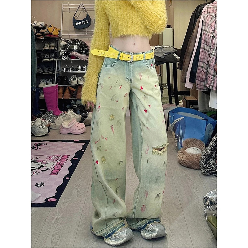 Y2K Vintage Tie Dye Ripped High Waist Jeans - Street Style Wide Leg Denim Trouser