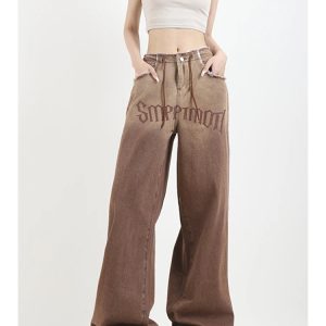 Y2K Vintage Washed High Waist Wide Leg Brown Jeans - Women's High Street Denim Trouser