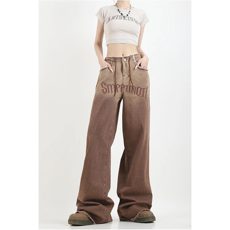 Y2K Vintage Washed High Waist Wide Leg Brown Jeans - Women's High Street Denim Trouser