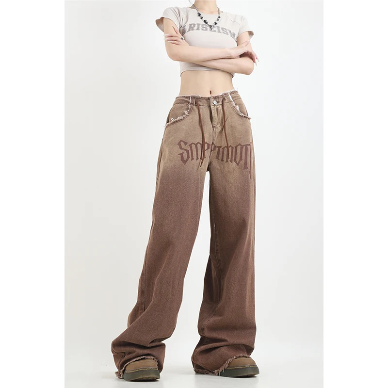 Y2K Vintage Washed High Waist Wide Leg Brown Jeans - Women's High Street Denim Trouser