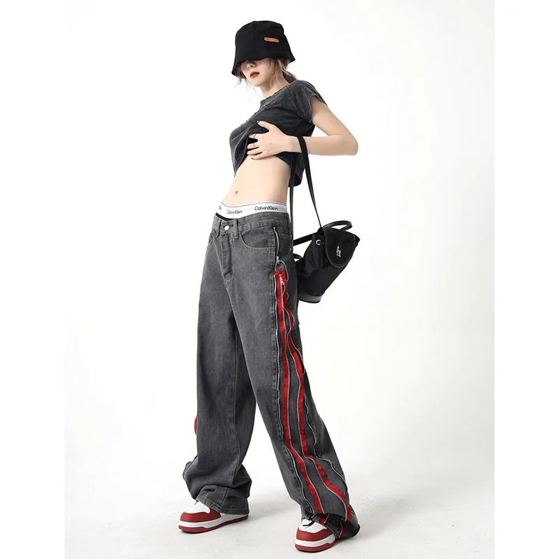 Y2K Vintage Wide Leg Black Jeans with Contrasting Colors - High Quality Hip Hop Fashion for Women