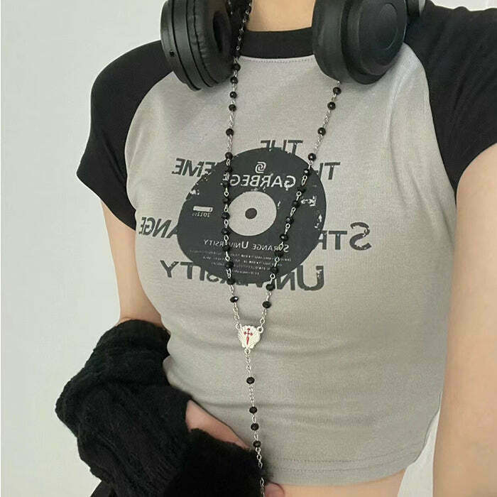 Y2K Vinyl Print Crop Top - 90s Grunge, Retro, Pastel Goth, Summer & Party Outfits