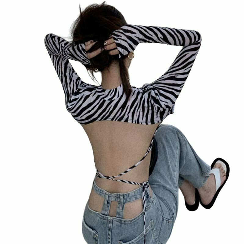 Y2K Zebra Backless Crop Top - 90s Grunge, Retro, Pastel Goth, Summer Party Outfit