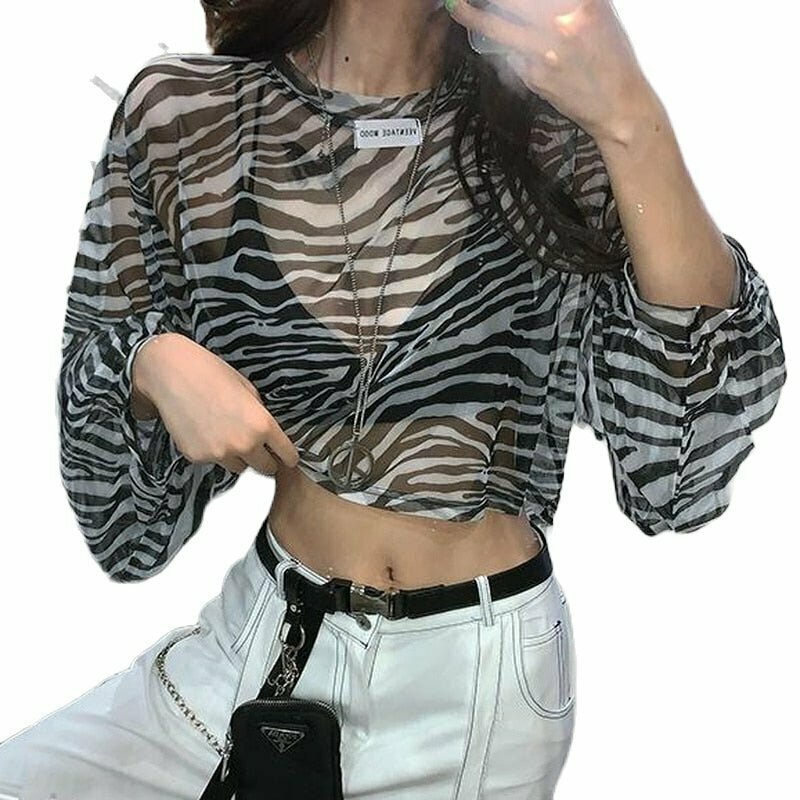 Y2K Zebra Print Aesthetic Blouse - 90s Grunge, Retro, Summer, Party, and Club Out