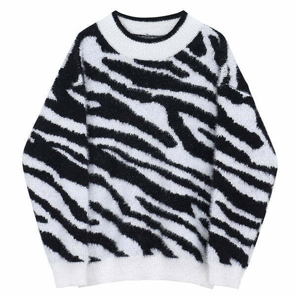 Y2K Zebra Print Knit Sweater - Retro 90s Grunge, Summer Outfits, and Pastel Goth Style