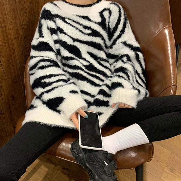 Y2K Zebra Print Knit Sweater - Retro 90s Grunge, Summer Outfits, and Pastel Goth Style