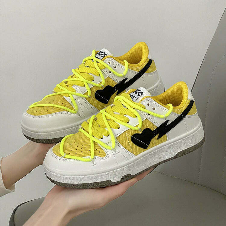 Yellow & Black Heart Aesthetic Sneakers - Y2K Grunge, 90s Retro, Summer & Party Outfits