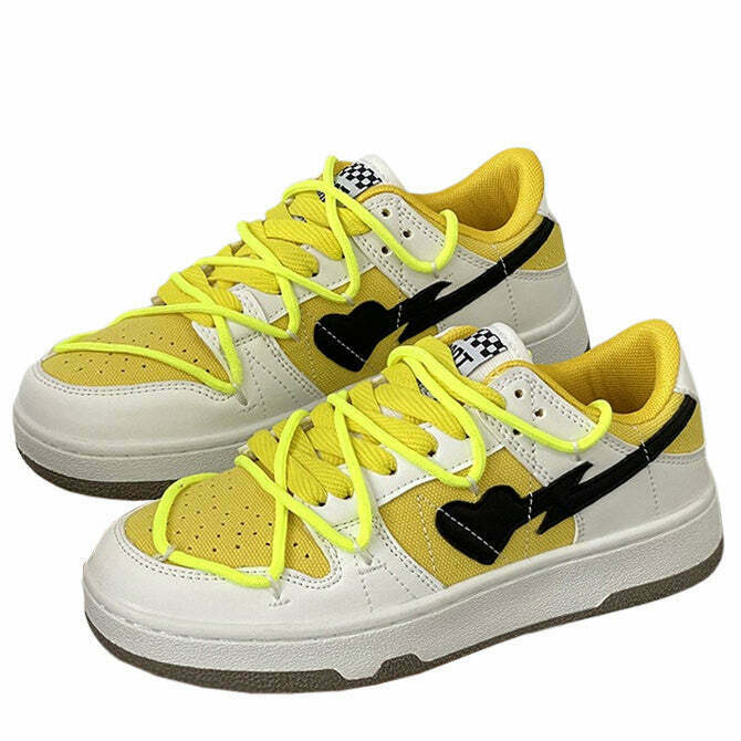 Yellow & Black Heart Aesthetic Sneakers - Y2K Grunge, 90s Retro, Summer & Party Outfits