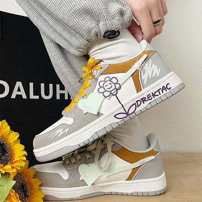 Yellow & Grey Flower Sneakers - Y2K Summer Grunge, 90s Retro, Pastel Goth, Hip Hop Fashion