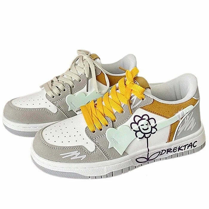 Yellow & Grey Flower Sneakers - Y2K Summer Grunge, 90s Retro, Pastel Goth, Hip Hop Fashion